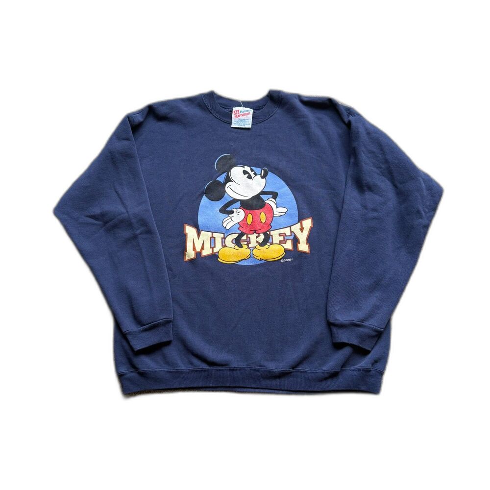 VTG 90S HANES DISNEY MICKEY CREWNECK SWEATSHIRT BIG GRAPHIC USA BLUE 50/50 XL